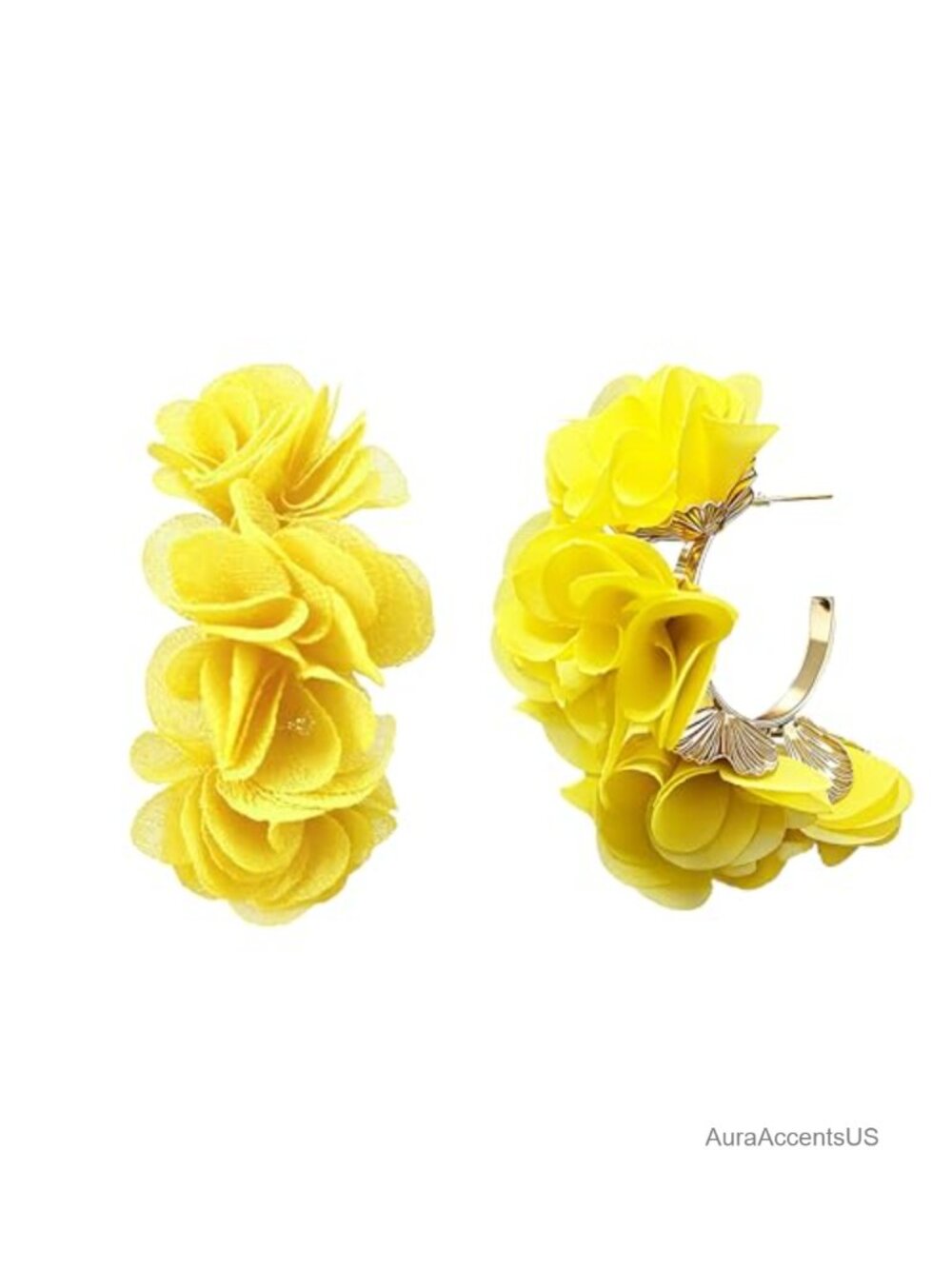 Chiffon Flower C Hoop Earrings Gold Tone Layered Floral Half Hoop